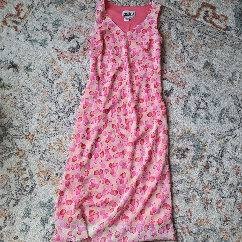 Y2k Vintage Pink and Red V Neck Summer Cherry Print Midi Dress